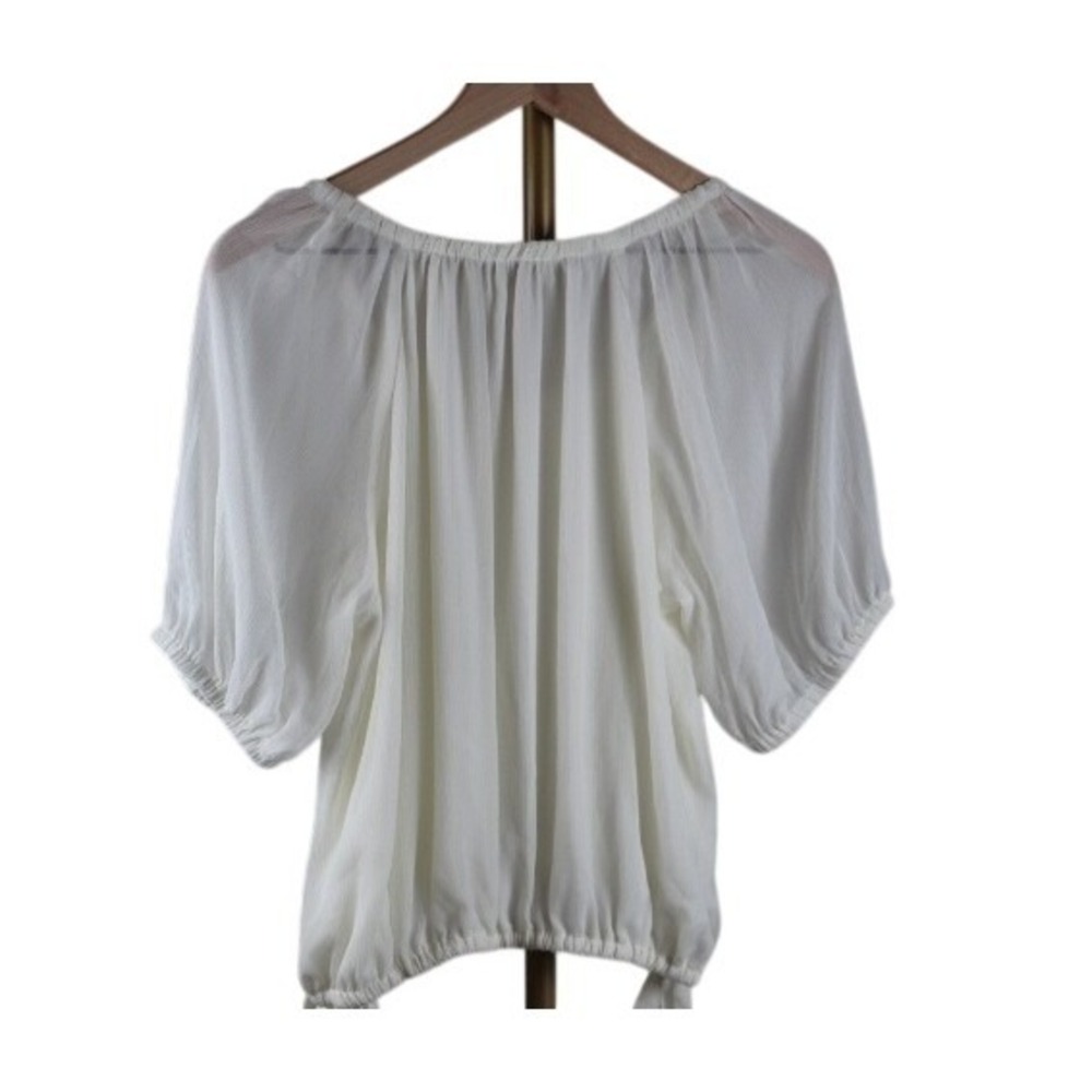 Loft White Peasant Blouse Puff Sleeve Side Tie Elastic Hem Top Small NEW - Picture 5 of 5